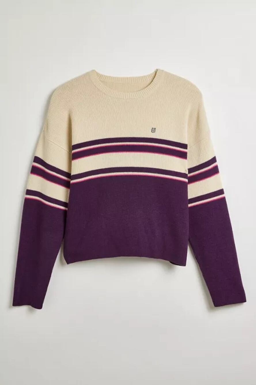 NWT Urban Outfitters Men's UO Shimmer Stripe Crew Neck Sweater in Purple/Cream L